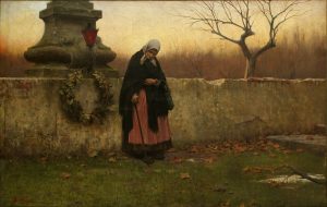 Oil painting of a woman laying a wreath on a gravestone. Halloween, Allhallowtide